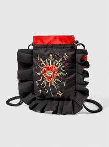 ROMWE Goth 女士时尚心形刺绣荷叶边单肩包 - 黑色 - 查看 4