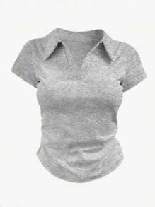 INAWLY 3件套女士夏季休闲纯色V领修身短袖T恤 - 灰色 - 查看 4