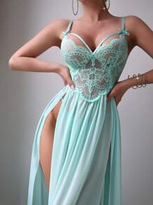 SHEIN 2pcs/Set Women Lace Mesh Sexy Sleepwear Set (Wireless Bra & G-String) - Green - View 1