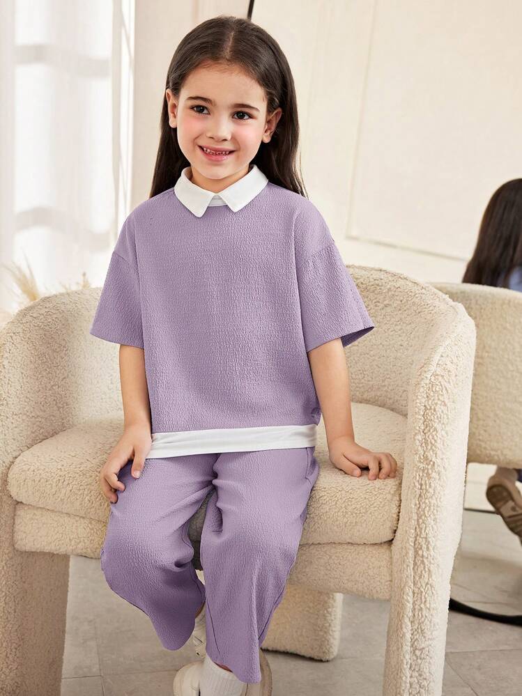 SHEIN Bộ áo sơ mi dáng rộng cổ chữ V dáng rộng vai trễ thanh lịch cho bé gái trẻ tay ngắn dệt họa tiết khối màu và quần ống đứng - Màu tím - Xem 6