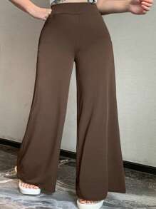 Dazy Plus Plus Fall Solid Color Elastic Waist Wide Leg Knit Casual Pants - Brown - View 7