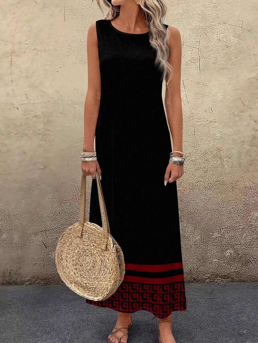 SHEIN LUNE Casual Retro Pattern Round Neck Women Tank Dress, Suitable For Summer - Multicolor - View 1