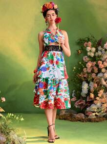 Redefinition Frida Kahlo X SHEIN X Designer 花卉印花蕾丝镂空分层无袖中长连衣裙，适合女士夏季度假 - 彩色 - 查看 5