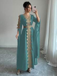 Chiquease Abaya stile mediorientale con patchwork, vestaglia con maniche extra lunghe per donna, vestito lungo con orlo in pizzo a tinta unita