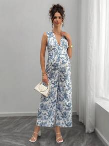 SHEIN Shirred Maternity Jumpsuit With Zipper Back And Digital Print, Full Length Pants - Blue and White - View 5