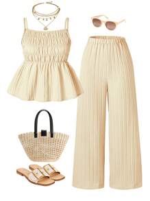 SHEIN Teens/Teen Girl Cute Casual Vacation Sleeveless Cami Top And Wide Leg Pants Outfit Set, Spring/Summer - Apricot - View 1