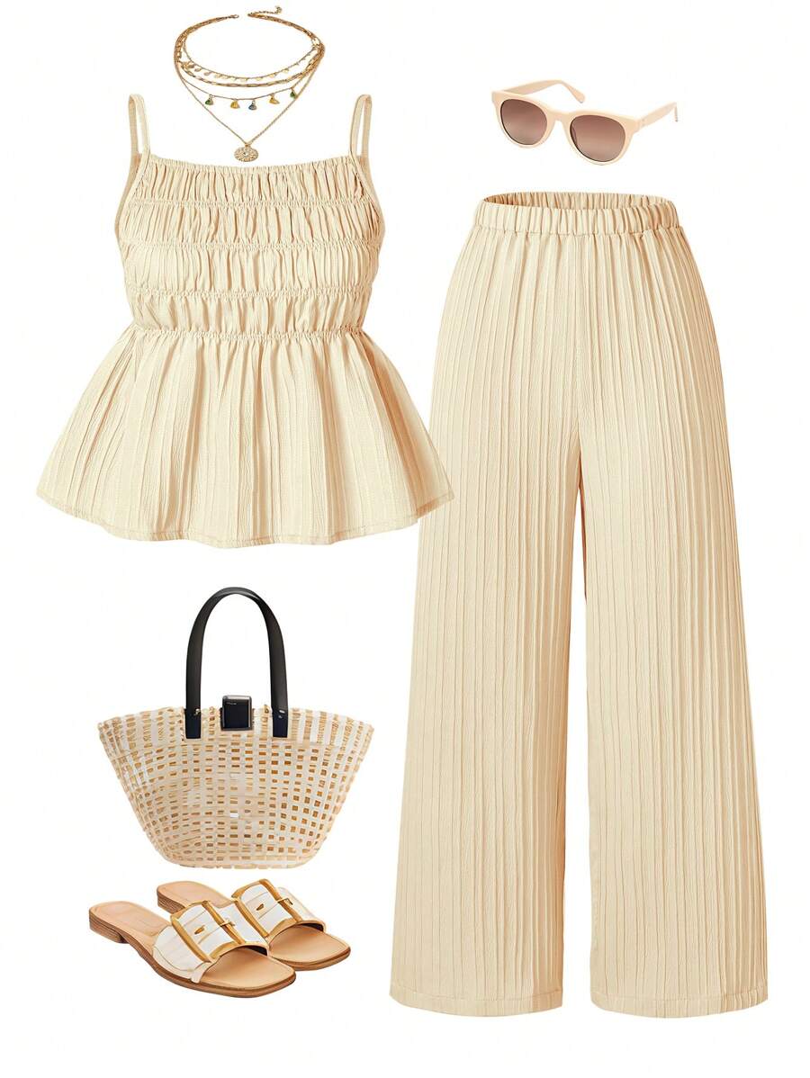 SHEIN Teens/Teen Girl Cute Casual Vacation Sleeveless Cami Top And Wide Leg Pants Outfit Set, Spring/Summer - Apricot - View 1