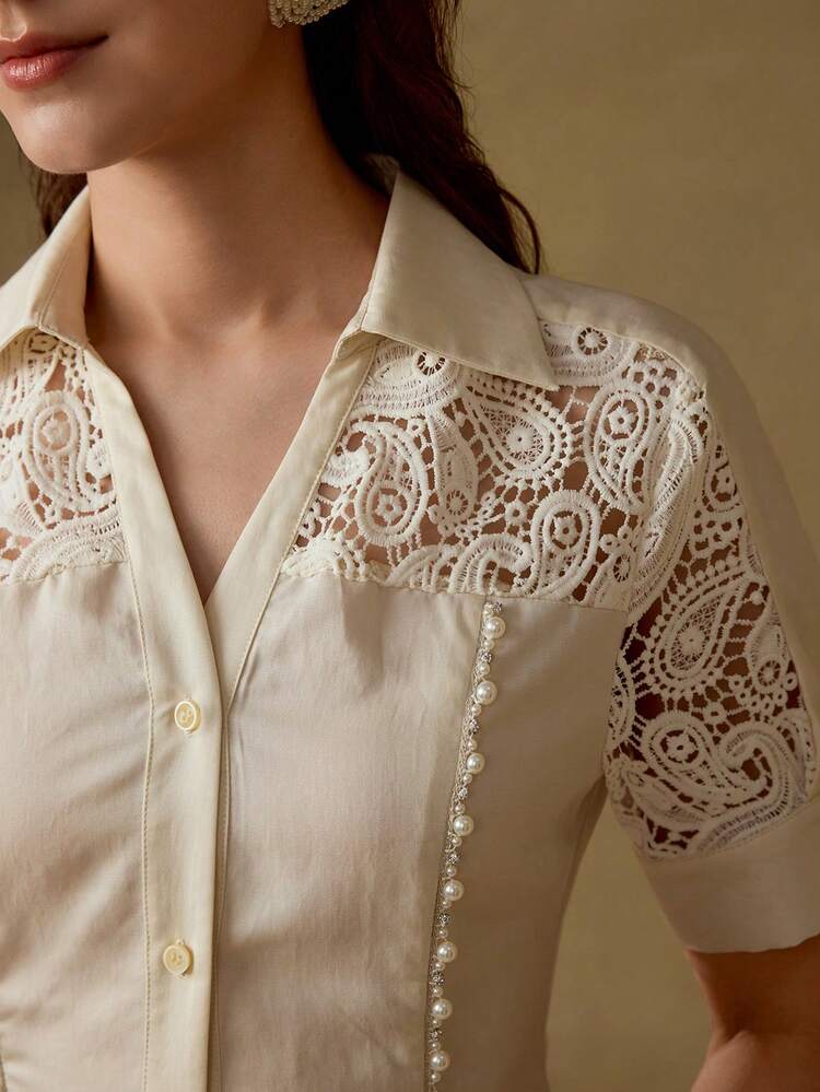 FASHIONABLE STUDDED COLLAR RUCHED WAIST SHORT SLEEVE SHIRT DRESS, CROP LENGTH