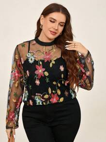 Chikora 曲线加大码女式圆领长袖花卉刺绣透视长袖衬衫，外出服，情人节，情人，夏季/春季，复古，女式工作服，老钱风格女装，办公室，度假，情人节服装，透视上衣