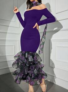 Modelyn 女式花卉拼布网眼露肩长袖修身连衣裙，配鱼尾下摆长款晚礼服 - 紫色 - 查看 4