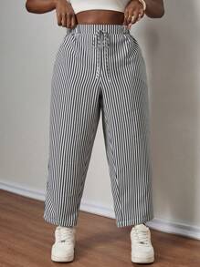 SHEIN PETITE CURVE 大码休闲简约黑白条纹裤，适合所有季节 - 灰色 - 查看 4