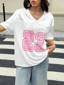 StreetHx Camiseta de malla oversize con estampado numérico, estilo deportivo casual Y2K - Blanco - Ver 3