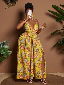 Maweii 2025 New Women Plus Size Yellow Summer Boho Vacation Holiday Elegant Spaghetti Strap Backless Lace-Up Colorblock Gradient Print A-Line Slip Dress - Multicolor - View 3