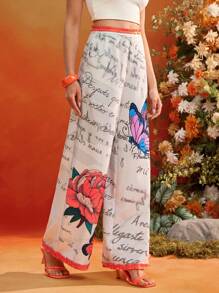 KATHARSIS Frida Kahlo X SHEIN X Designer Summer Floral Printed High-Waist Flared Wide Leg Long Pants With Frill Trim - Multicolor - View 5