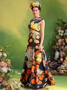 Frida Kahlo X SHEIN X Designer ISELACOS Vestido largo de mujer con estampado completo, dobladillo con volantes, escote cruzado y recortes, atuendo de verano