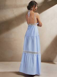 L'Amorae Damen Maxikleid mit doppeltem Träger, ärmellos, blau/weiß Popeline Streifenmuster, tiefer Ausschnitt, fließend, Sommerkleid mit transparenter Bordüre, Sommeroutfit für Damen, Strandoutfit für Damen, Outfit für den 4. Juli - Blau-Weiß - Übersicht 1