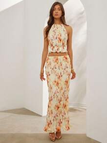 L'Amorae Floral Print Shirred Maxi Skirt For Summer Vacation
