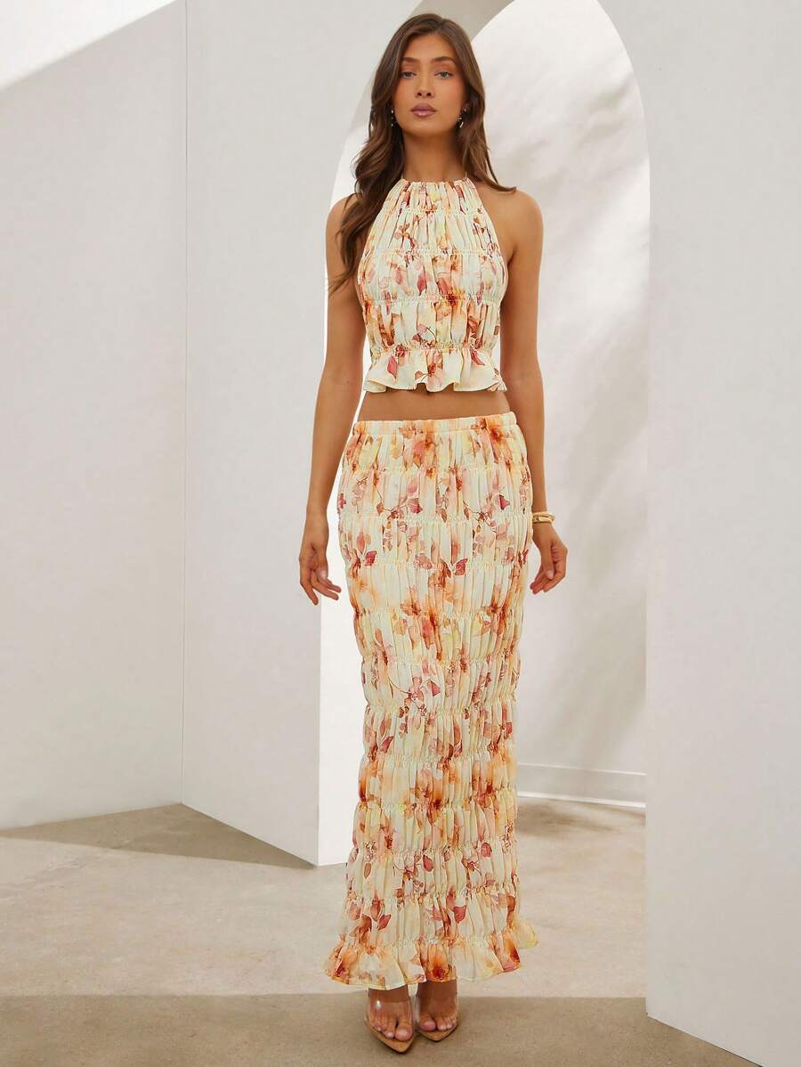 L'Amorae Floral Print Shirred Maxi Skirt For Summer Vacation