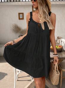 Swim Vcay Women's Summer Beach Solid Color Sleeveless Ruffle Trim Tie Front Cover Up Dress