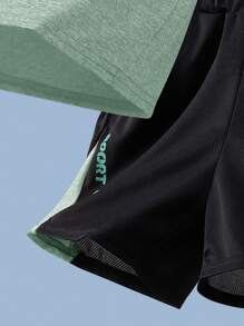 SHEIN 2 件装 Tween Boys 拼接撞色图案 T 恤和短裤运动套装 - 薄荷綠 - 查看 3