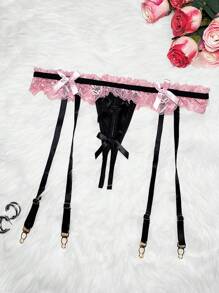 SHEIN 1pc Women Contrast Lace Bow Decorated Sexy Suspender Pantyhose - Pink - View 4