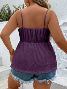 Breezaya Plus Size Women Summer Vacation Style Solid Color Mesh Embroidery Lace Patchwork Ruffle Hem Camisole Top - Purple - View 2