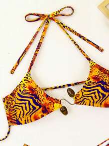 Swim Vcay 女士沙滩装，随机花卉印花性感豹纹比基尼套装，露背系带泳衣 - 亮橙色 - 查看 7