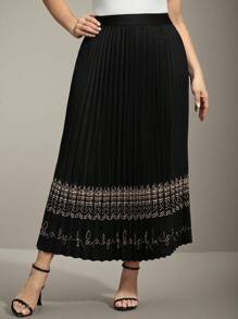 Flouryn Plus Size Women's Black Pleated Pattern Elastic Waist Casual Skirt For Outdoor, Commute, Work Maxi Fall Cloth For Women - Multicolor - View 7
