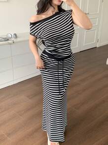 DAZY 条纹和格子拼布露肩短款上衣，搭配抽绳腰带裙 2 件套，休闲风格，适合春、夏、秋装，适合居家、办公室、户外