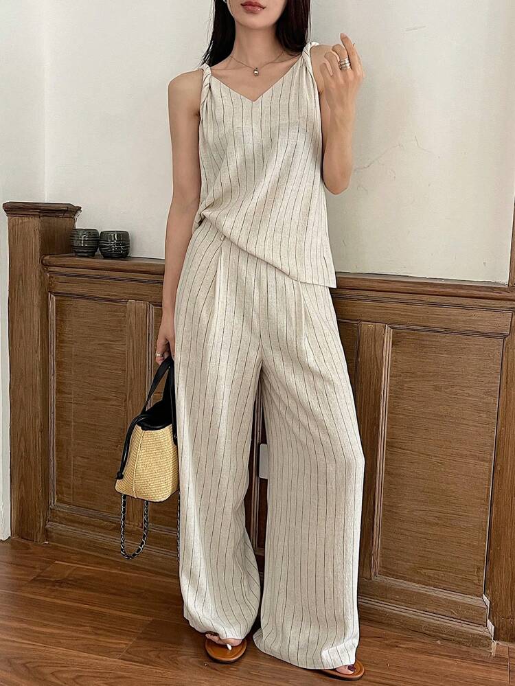 2pcs Women Striped Print V-Neck Sleeveless Top And Pants Set