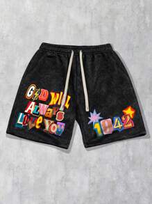ROMWE MEN Street Life Men's Preppy Summer Casual Slogan Print Drawstring Waist Shorts - Black - View 3