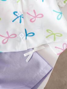 SHEIN Baby Girls' White Summer Cute Family Matching Korean Fashion Puff Sleeve Digital Print Bowknot Woven Shirt & Solid Color Bowtie Shorts 2Pcs Outfit - Purple - View 4
