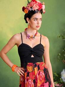 TIYA Frida Kahlo X SHEIN X Designer 正面扭花印花雪纺褶皱阔腿连体裤女装夏季服装 - 黑色 - 查看 6