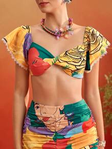 Redefinition Frida Kahlo X SHEIN X Designer Floral Print Off Shoulder Twist Front Crop Top Flounce Ruffle Sleeve For Women Summer Vacation - Multicolor - View 7