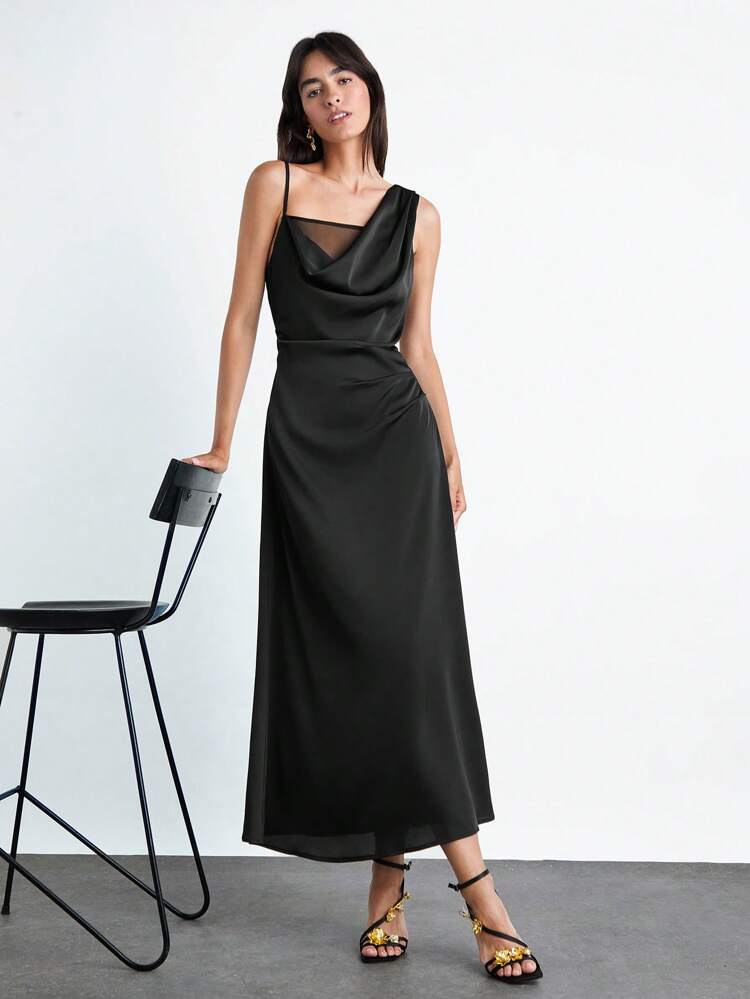 SHEIN Maija New 2025 Summer Black Draped Neck Mesh Patchwork Asymmetrical Cut Asymmetric Shoulder Design Satin Dress, Fashionable Casual Chic Urban Elegant Romantic Business Casual Daily Office Party Beach Music Festival Wedding Guest Brunch Outfit, Y2K Vintage Style Street Wear, Back To School Fall Women's Clothing, Birthday Party Look