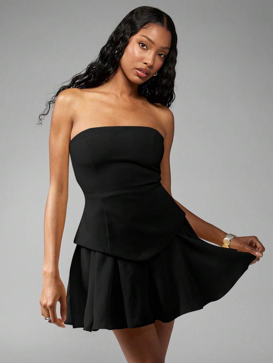 MISSGUIDED Elegant Strapless Cocktail Mini Dress With Peplum Waist Layered Pleated Skirt Party Occasion Formal Wedding Guest Dress