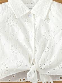 SHEIN Young Girls' Casual Solid Color Lace Detail Shirt For Spring And Summer - White - View 5
