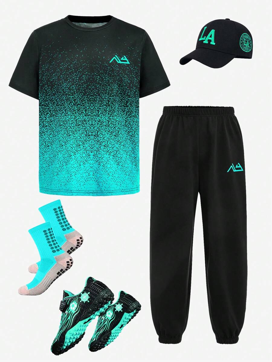 SHEIN 2pcs/Set Tween Boy Casual Graphic Print Short Sleeve T-Shirt And Drawstring Waist Pants Sports Set Teen Boy Outfit Set Active Wear Sets Boys Turquoise Outfit Set