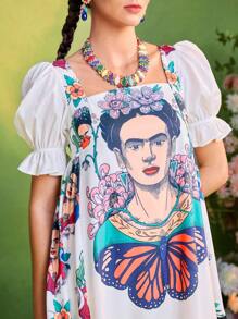 Frida Kahlo X SHEIN X Designer KATHARSIS Vestido mini mujer de verano de silueta de línea A, con mangas de globo, bloqueo gráfico y smocking en la espalda