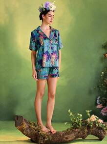 TIYA Frida Kahlo X SHEIN X Designer Summer Tropical Printed Satin Piping Casual Short Sleeve Button Up Top & Shorts Sets - Multicolor - View 6