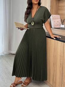 Weeklong Robe élégante à manches courtes style chauve-souris, encolure en V, plissée à l'ourlet, pour femmes grande taille, été