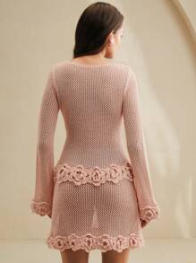 Anewsta 女士优雅度假修身手工钩编玫瑰粉色镂空针织罩衫 - 粉色 - 查看 7