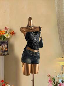 Attitoon Top tubo casual con cordón lateral y decoración de strass, estilo vintage