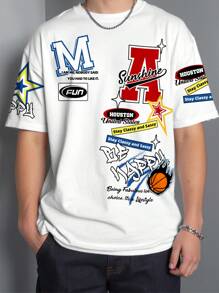 SHEIN Camiseta de manga corta con cuello redondo, estilo casual y clásico de moda urbana para adolescentes, con logo, gráfico de baloncesto y etiqueta, adecuada para el verano