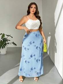 Firerie Falda de talla grande para mujeres con dobladillo fluido y bordado floral elegante