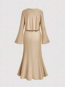 SHEIN MOD 大码香槟色两件套女士开衫中长连衣裙 - 香檳色 - 查看 6