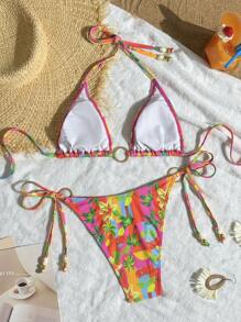 Swim Vcay Damen Lässig Strand Urlaub Rippen Strick Stoff Kokosnussbaum bedrucktes Trägertop und Seitenbindung Bikinihose mit Metallring Dekor Sommer Set