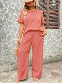 Linhara 加大码两件套：仿亚麻纯色后背开衩碎花休闲度假衬衫和仿亚麻纯色休闲度假宽松裤