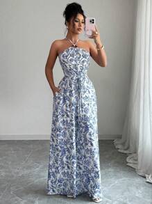 Rafferiza 印花项链木环束腰女式连体裤 - 藍色 - 查看 7