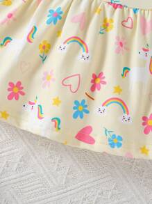SHEIN 2 件套可爱女婴独角兽、彩虹、心形、花朵印花长袖上衣和长裤休闲家居服套装，黄色 - 黃色 - 查看 5